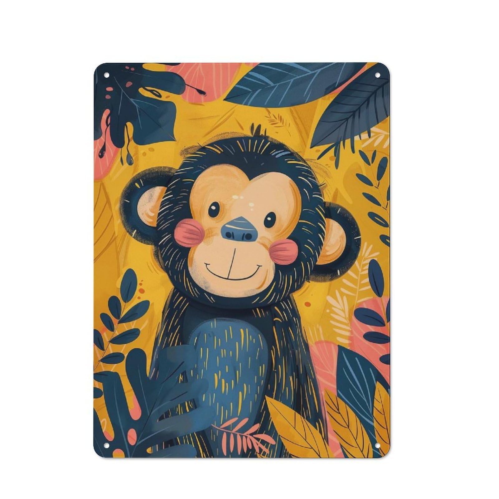 Junmoney Cute Watercolor Monkey Vintage Retro Metal Sign 40X30cm, Vintage Wall Decor For Kitchen, Hallway, Bar Or Small Cafe