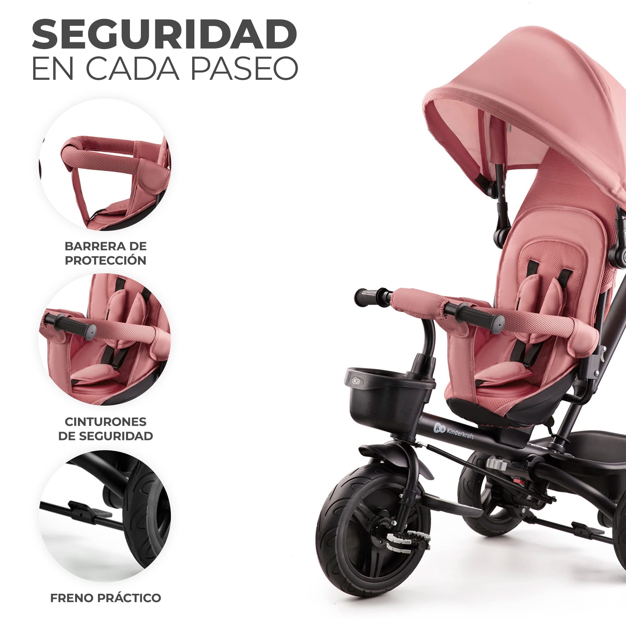 Kinderkraft Aveo Bebé, Plegable, Trike, Bicicleta para Niños, Triciclo Evolutivo, Sin Pedales, Bicicleta Bebe, con Accesorios Práctico, Dos Cestas, 9 Meses a 25 kg, Rosa