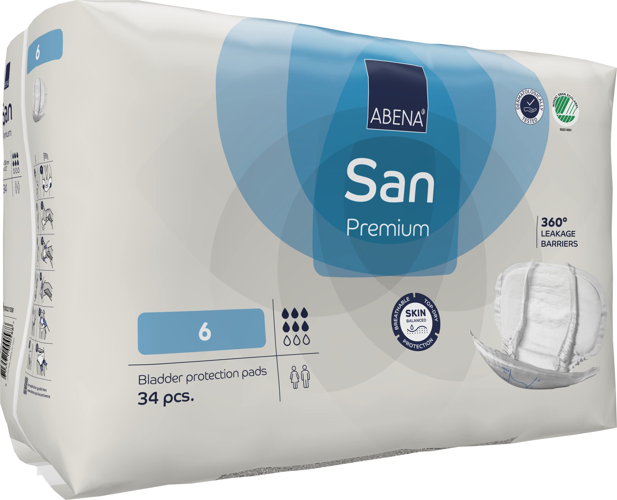 ABENA San Premium, assorbenti per incontinenza da uomo e donna, traspiranti e confortevoli, ad assorbimento rapido, discreti ed efficaci, per uomo/donna, 6, assorbenza da 1600 ml, 3 confezioni da 34