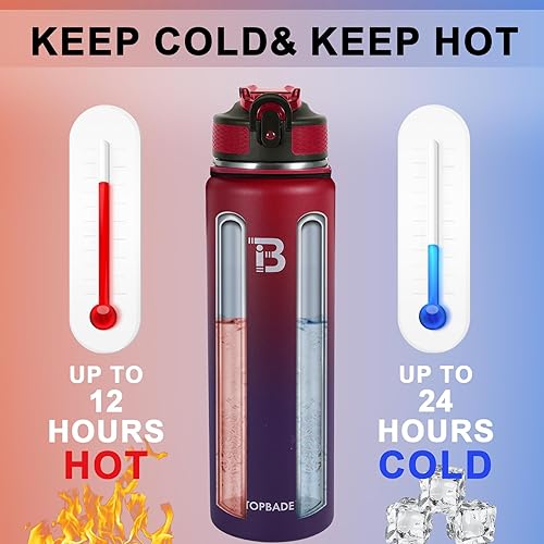 Miniatura 5 de Botella de agua aislada de 32 onzas con tapa de popote, tapa de boquilla y mango de paracaídas, botella de agua de acero inoxidable boca ancha,