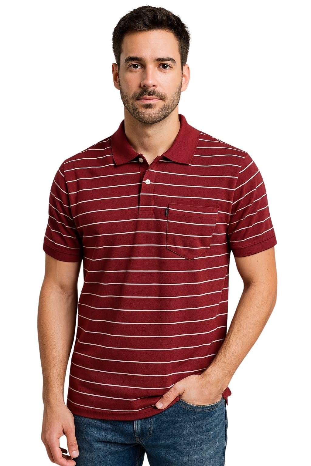 wild elephant Men Striped Polo T-Shirt | Cotton Short Sleeve Polo Neck with Button | Chest Pocket Casual Wear-picture-18