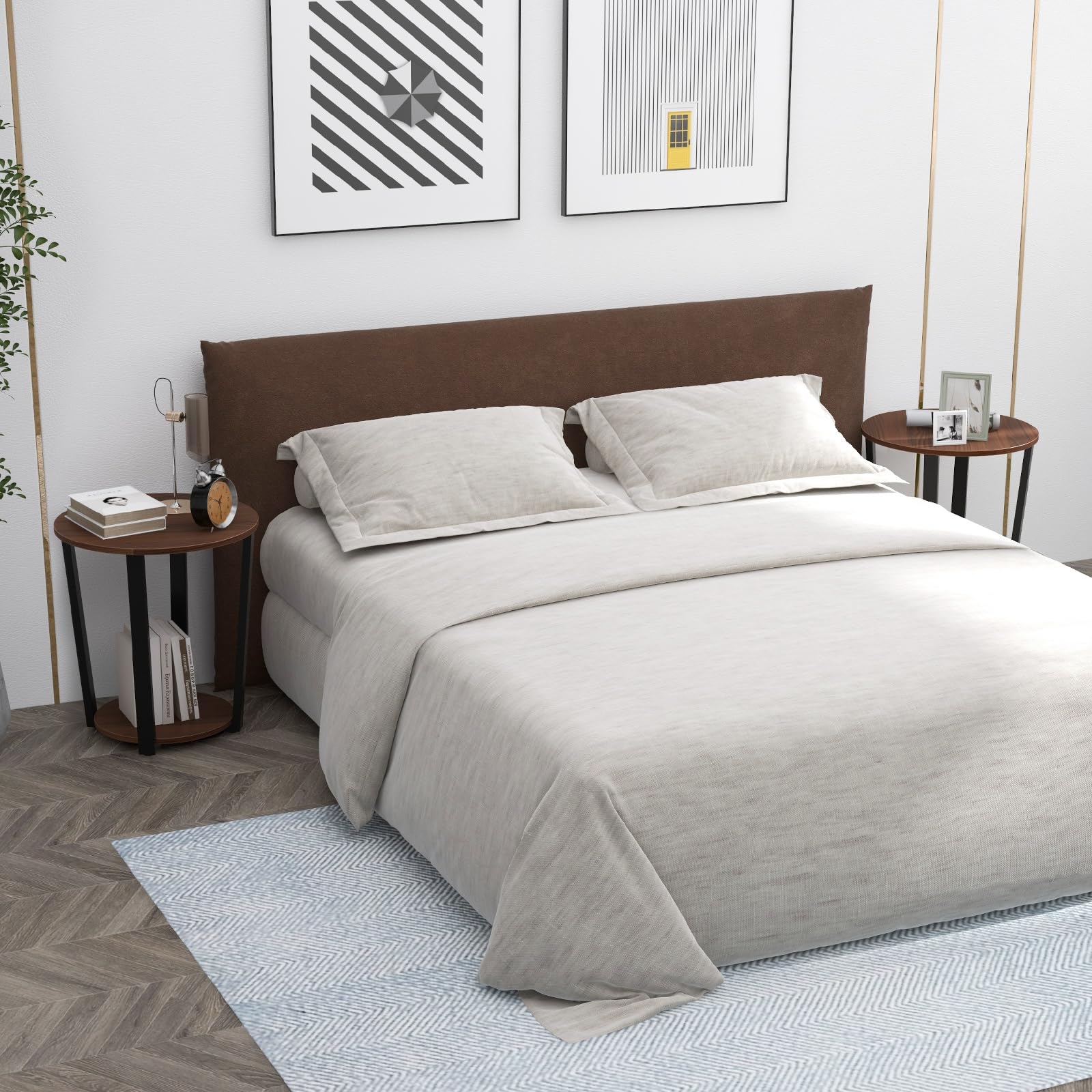 GIANTEX Tavolino ausiliario a 2 livelli, 50 x 50 x 56,5 cm, comodino rotondo con ripiano aperto e telaio in metallo, tavolino da caffè in stile industriale per soggiorno, camera da letto (Nogal)