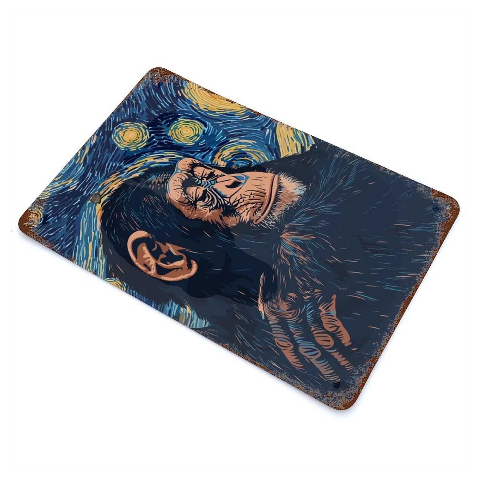 Chimpanzee in Starry Night Style Vintage Wall Sign 11.8"x7.9", Rust Effect Metal Decor for Basement, Hobby Room And Garage Decor