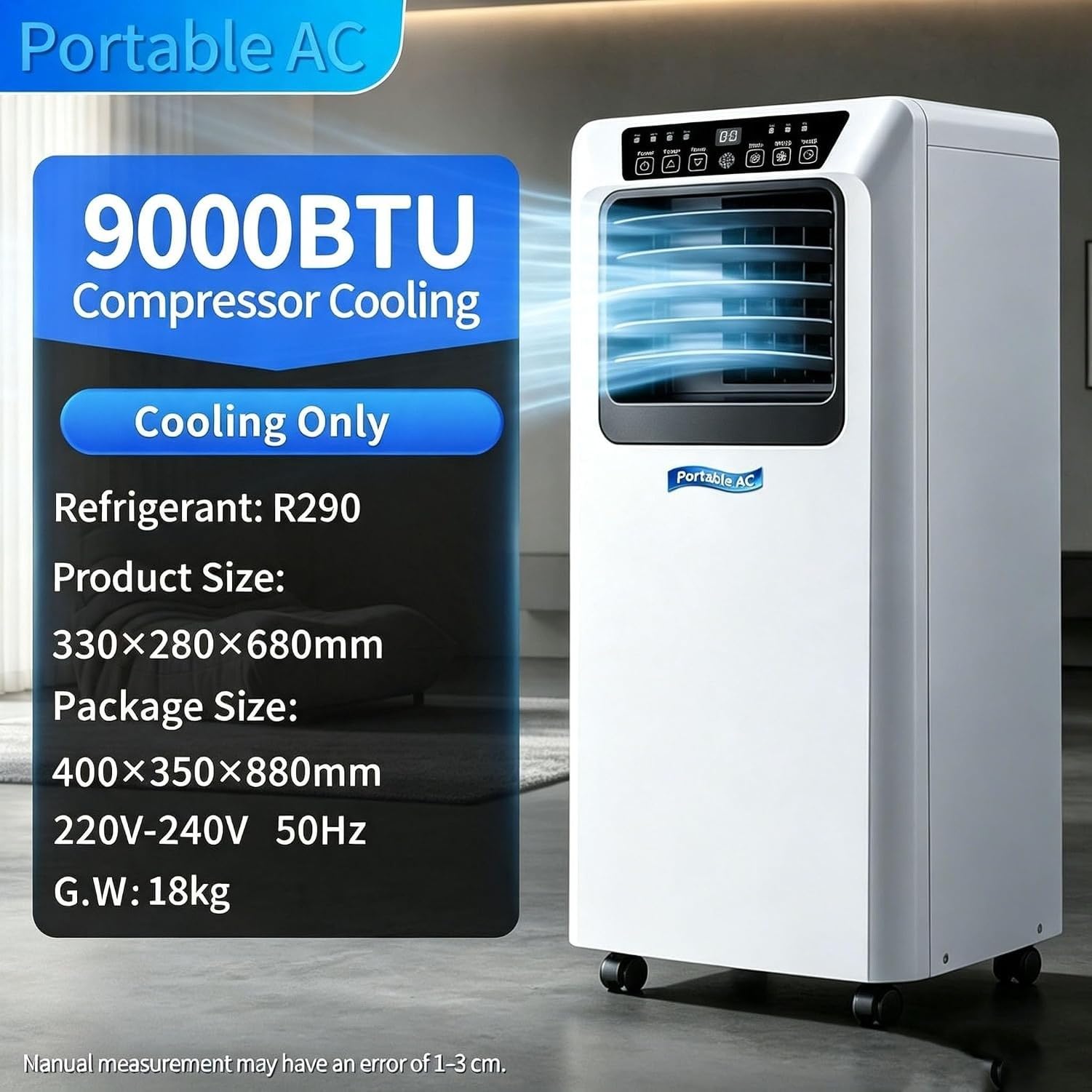Condizionatore Portatile 14000 BTU Solo Raffreddamento unità Mobile Libera con Ruote, Slim Compatta Climatizzatore per Soggiorno e Ufficio, Bianco, 9000 BTU, 9000 BTU