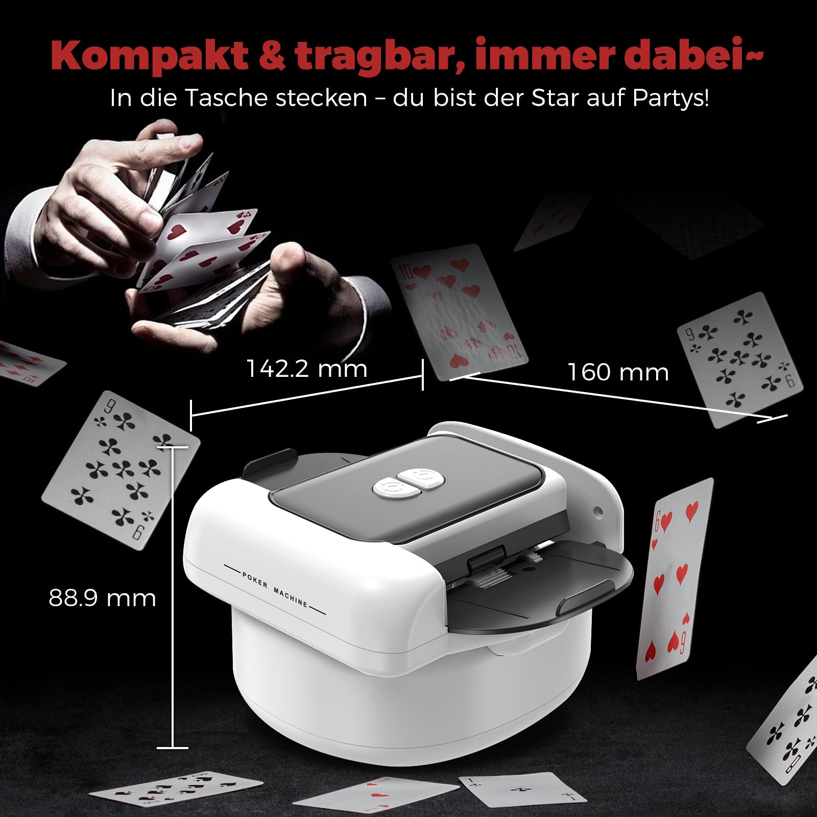 Automatischer Kartenmischer, 2 Laufmodi, Aufladbar mit Langzeit-Batterie, Geräuschlos, für UNO, Poker, Black Jack Karten, Schwarz (Schwarz & Weiß)