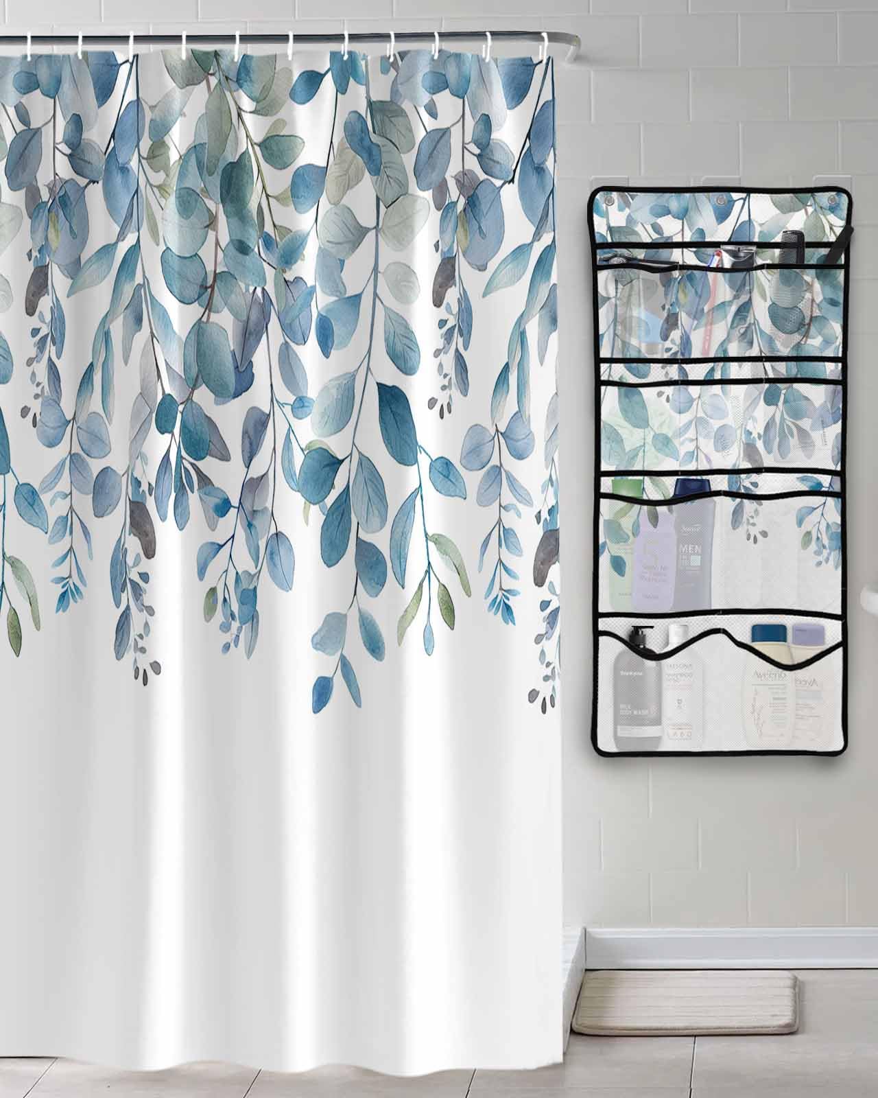 Decorative Shower Curtain Sets Eucalyptus Leaf Polyester Fabric Waterproof Bath Shower Curtains Country Plants Leaf Light Blue Mesh