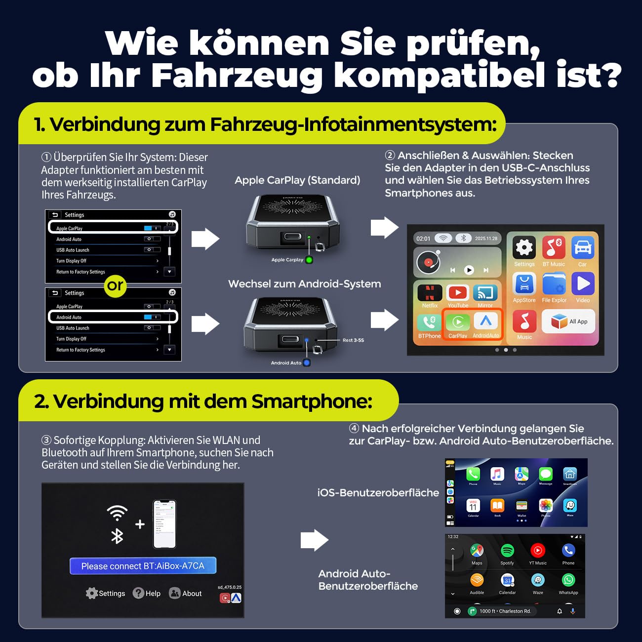 LAMTTO Wireless CarPlay Adapter AI Box mit Google Play App-Download & Gemini AI für CarPlay & Android Auto Dual-Band WLAN Bluetooth HDMI Output USB Media Playback AirPlay OTA Adapter Auto 4 IN 1