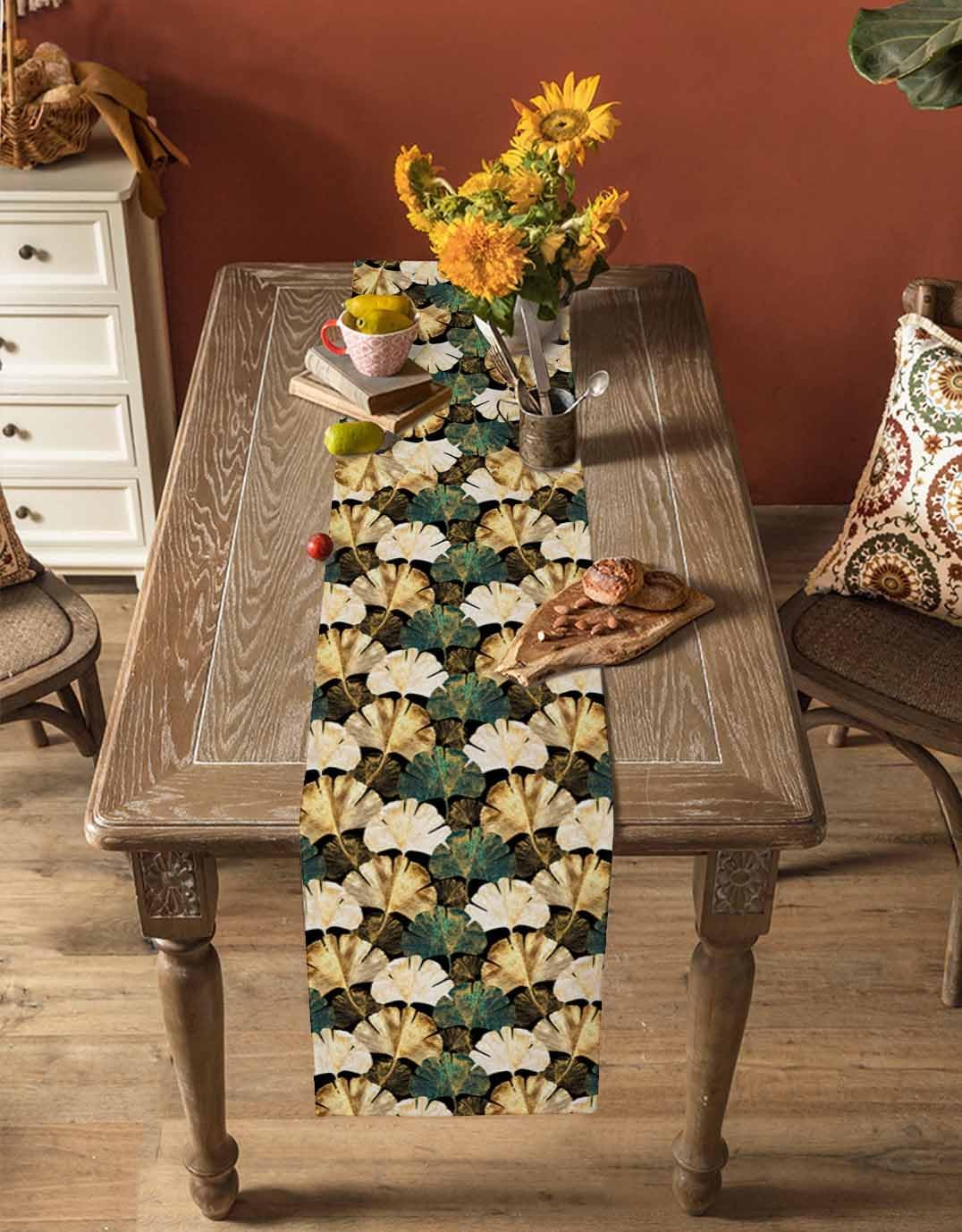 Table Runner Ginkgo Leaf Green Gold Leaves Cotton Linen Table Runner 120 inches Long Tabletop Scarf Burlap Dining Table Decoration