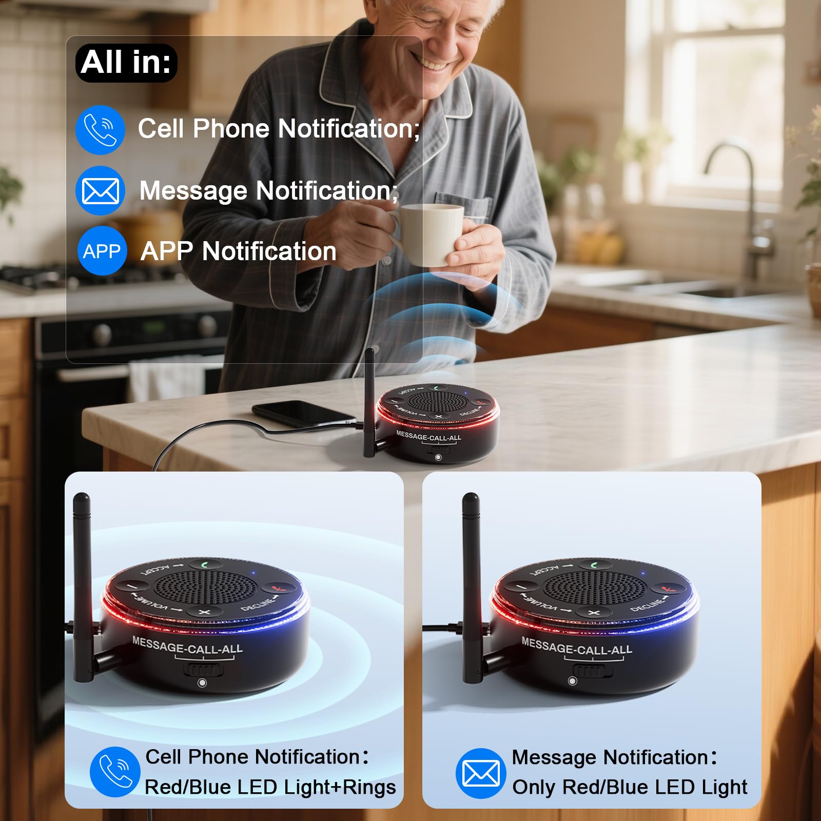 iGuerburn Amplificatore di suoneria per telefoni cellulari ad alto volume per anziani e non udenti | Suoneria esterna 116dB per il telefono cellulare con doppio allarme, risposta dedicata/chiamata di fine chiamata telefonica