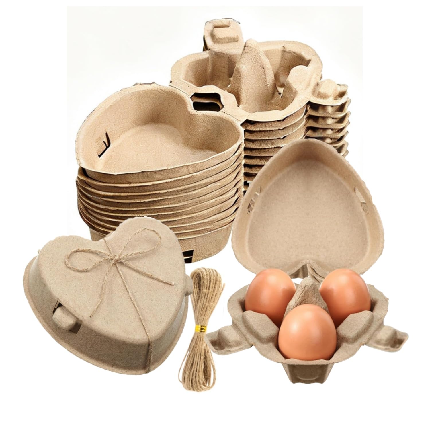 3 Cajas para Huevos de Gallina, Hueveras Carton con Tapa y Cuerda de Yute, Bandeja para Huevos con Forma de Corazón, para Almacenamiento, Transporte, Suministros para la granja y Regalos(30 unid.)