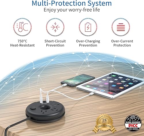 Miniatura 3 de NTONPOWER - Paquete de tira de alimentación de cable de extensión larga, regleta de enchufe plano de 25 pies con 3 tomas, 3 puertos USB, regleta de