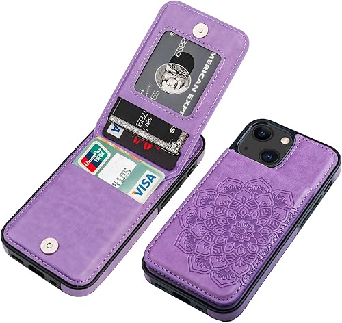 Vaburs Funda tipo cartera para iPhone 13 Mini, funda con función atril y soporte para tarjeta de crédito, diseño floral de mandala en relieve de