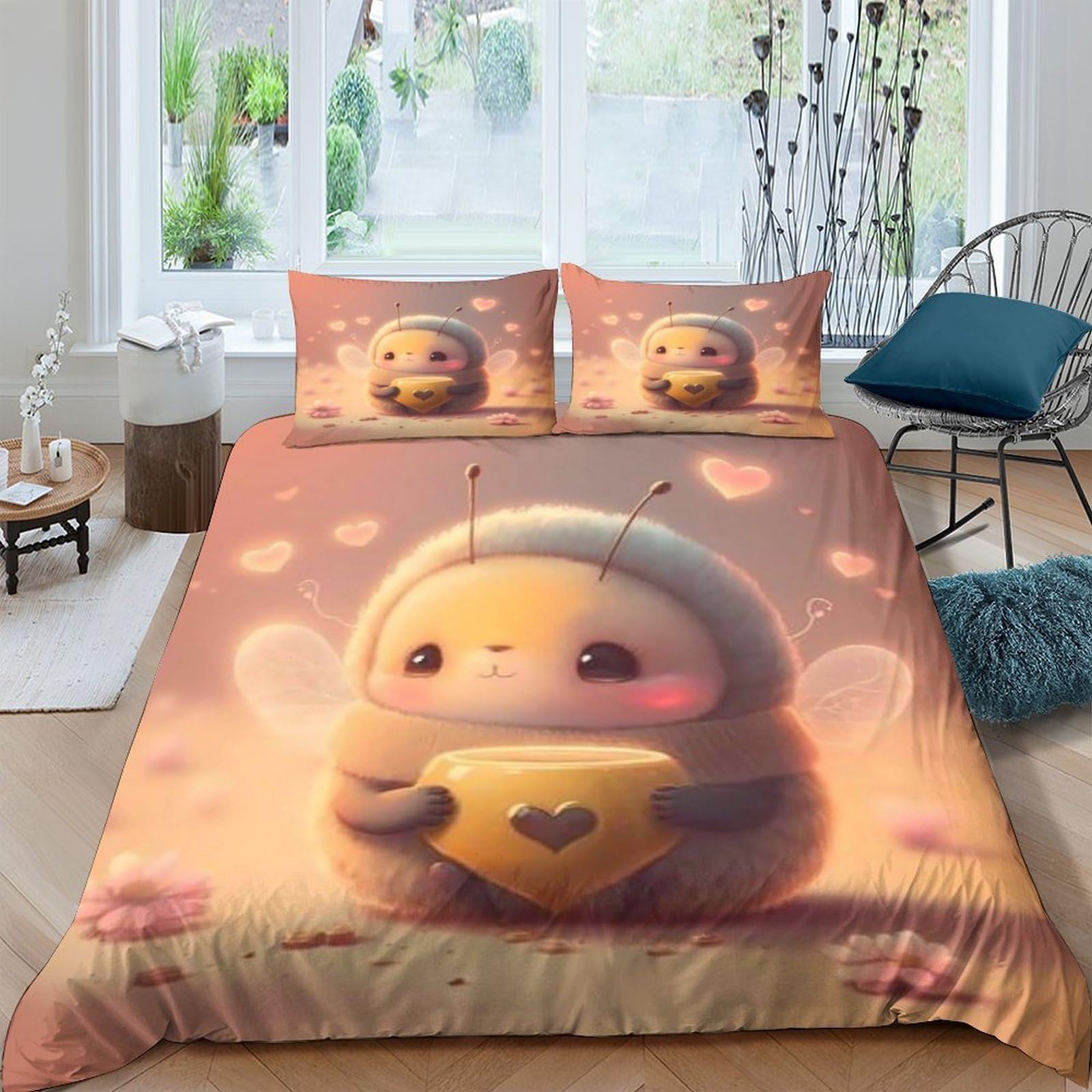 Ctjqhvkz Style-8 3D Printed Cute Bee Fitted Sheet Microfiber Soft Peach Bedroom Decor Heart Bee Mattress Cover For Home Guest Room Single（135X200cm）