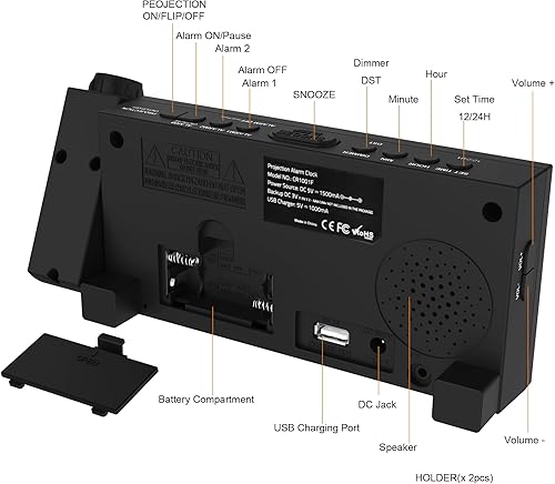 Miniatura 9 de OnLyee Reloj despertador de proyección para dormitorio, LED digital en techo y pared con carga USB para teléfono, respaldo de batería, proyector