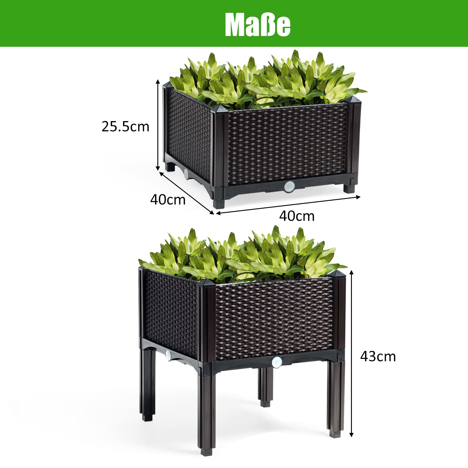 GOPLUS 4-Blumentopf Set, Erhöhtes Gartenbeet mit Wasserspeicher & Entwässerungsloch, stehender Blumentopf mit Abnehmbarer Füße, Blumenkasten für terrasse & Garten & Balkon, Quadratisch 40x40 cm
