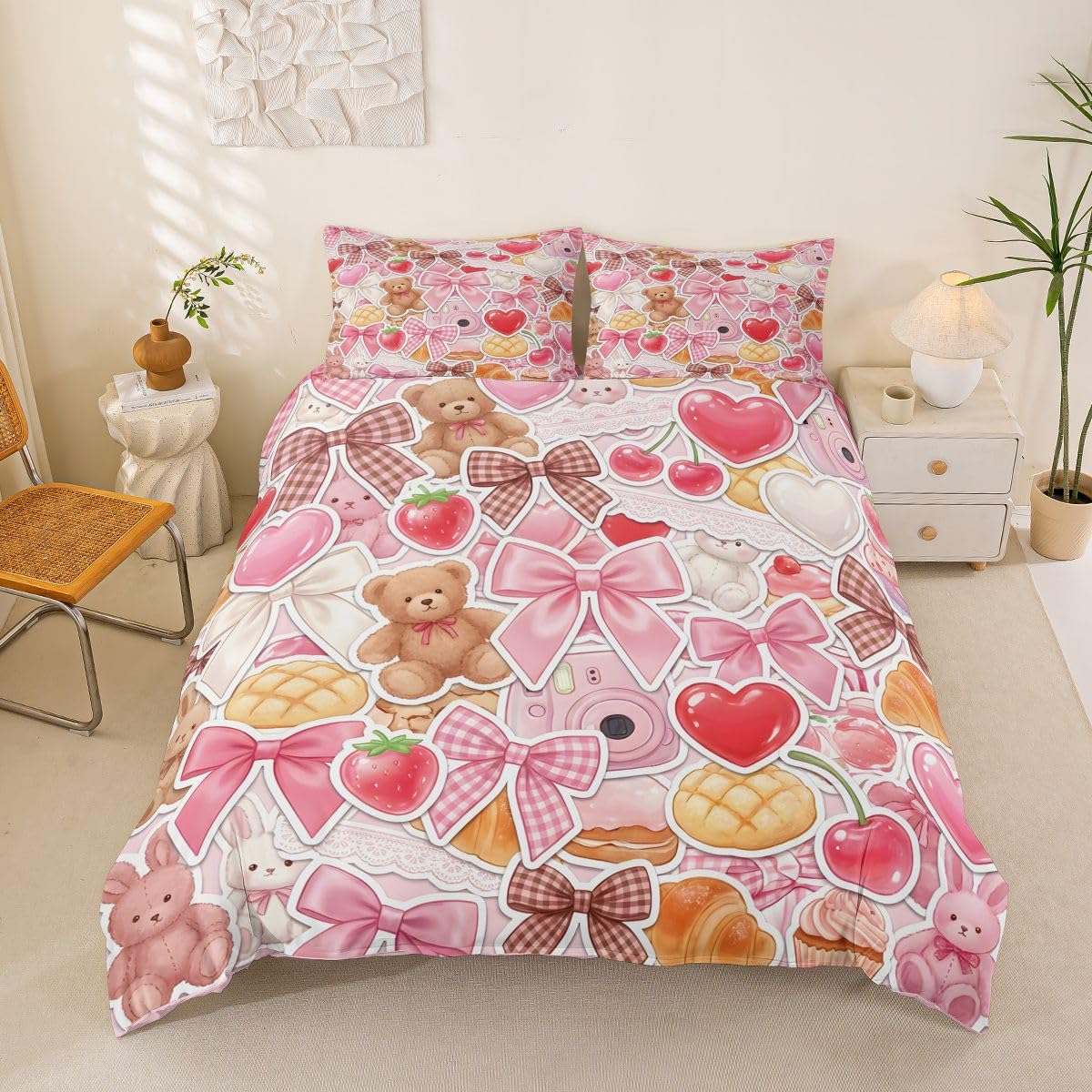 Homemissing Cute Bow Duvet Cover Set Cot Size Princess Bowknot Bedding Set Breathable Soft Kawaii Bear Duvet Cover 2Pcs Bedroom Decor