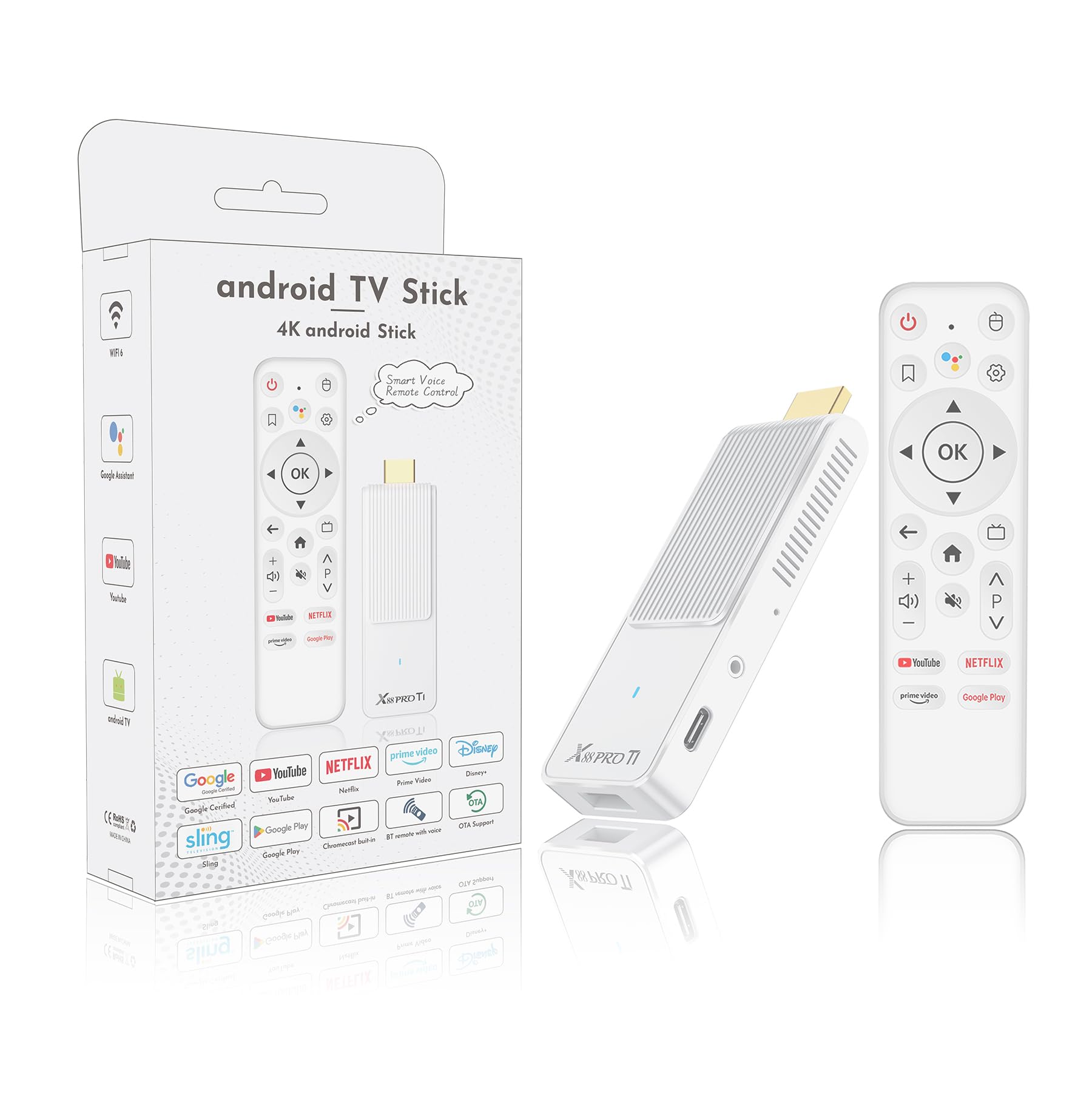 Clé TV Android 14.0, Ultra 4K HD Android Box Smart TV Stick avec télécommande vocale 2 Go de RAM 16 Go de ROM Puce RK3518 Double WiFi 6 2.4 et 5.8 Bluetooth 5.0 HDR10 Support vidéo et audio Blanc 2026