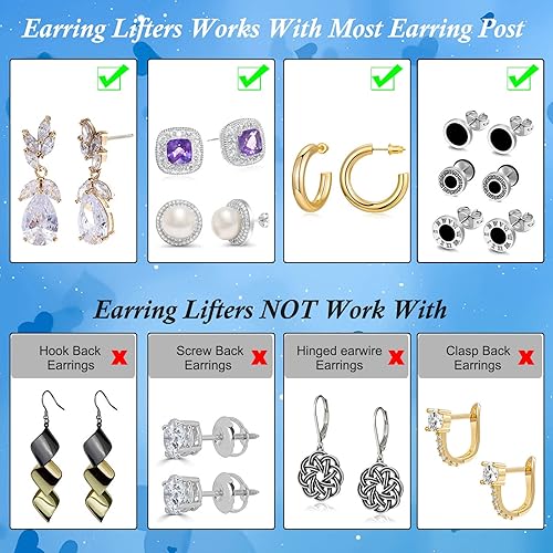 Miniatura 7 de 3 pares de aretes de corona ajustables para orejas caídas, aretes pesados, chapados en oro de 18 quilates, hipoalergénicos, aretes seguros (blanco +