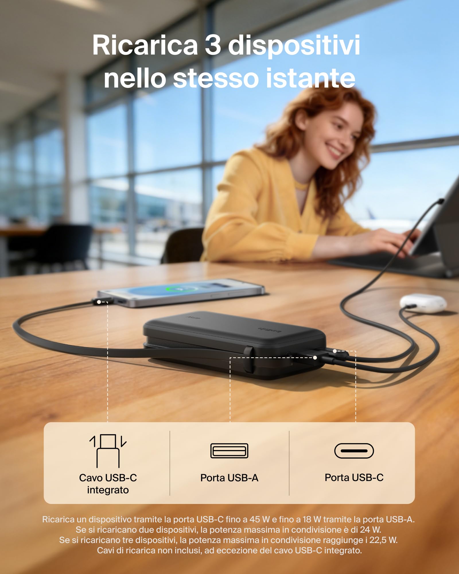 Belkin UltraCharge Power Bank 10000mAh con Cavo USB-C e Display - Nero | Caricatore Portatile 10000mAh, Ricarica 3 dispositivi (1 USB-C, Cavo USB-C Integrato, 1 USB-A), 45W, Pre-Caricato, Display