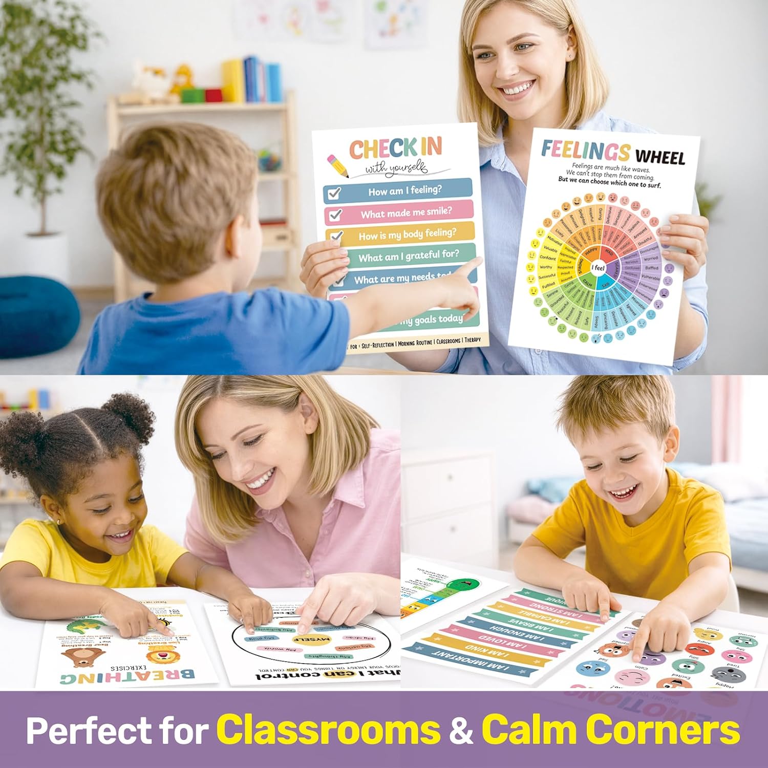 DECOWALL Calming Corner Poster Stickers for Kids – Peel and Stick Emotions, Feelings Wheel, Breathing & Coping Skills Wall Charts for Classroom & Home Decor, Removable (PS12-02)