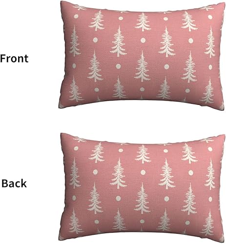 Miniatura 6 de Juego de 2 fundas de almohada de Navidad de 12 x 20 pulgadas, color rosa árbol de Navidad, fundas de almohada de lino de lino estilo campestre