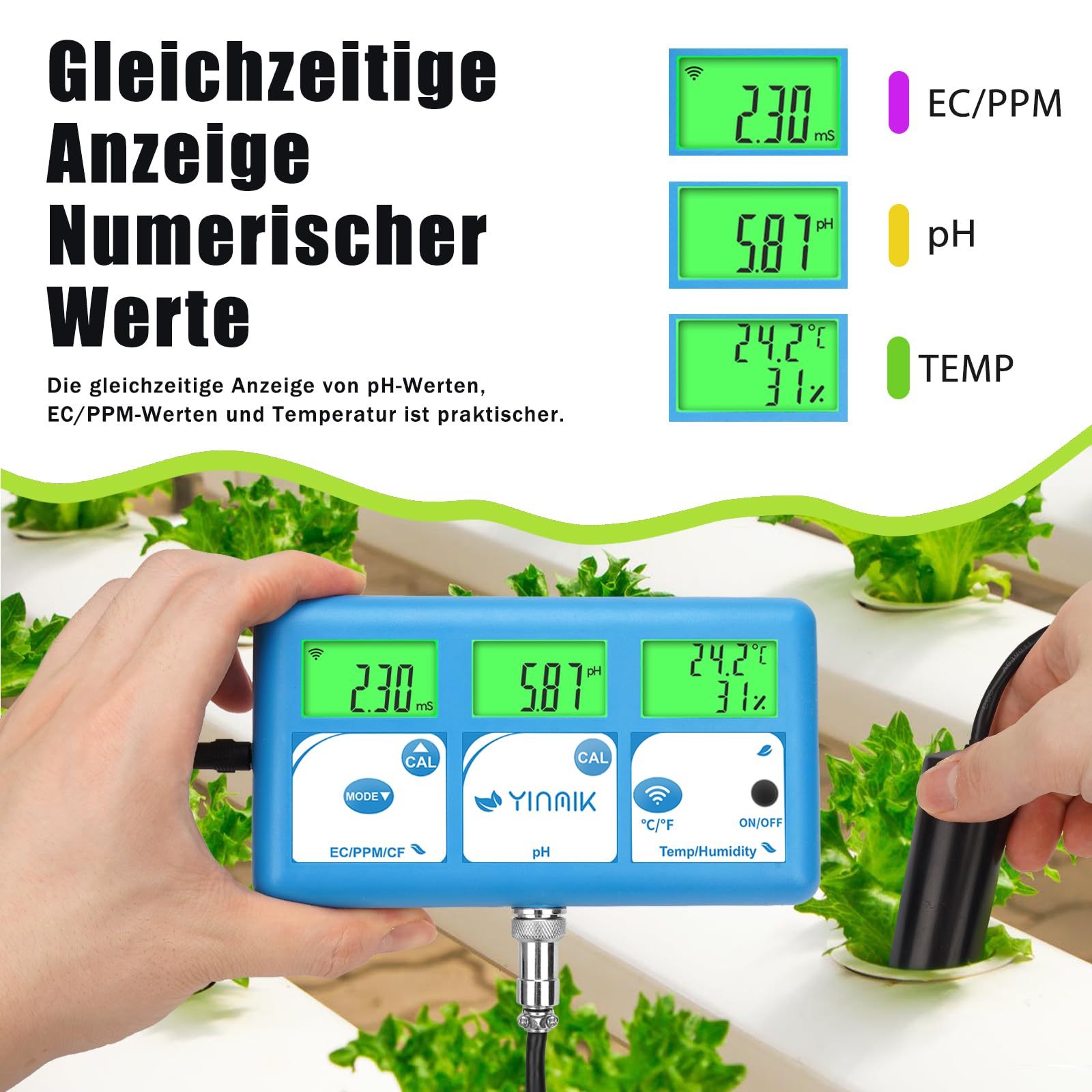 YINMIK EC pH Messgerät Grow, Digital pH EC Monitor for Hydroponics 6-in-1 Wasserqualitätstester mit Temperatur und Luftfeuchtigkeit, Digitales Multifunktions-Messgerät mit Kalibrierlösungen