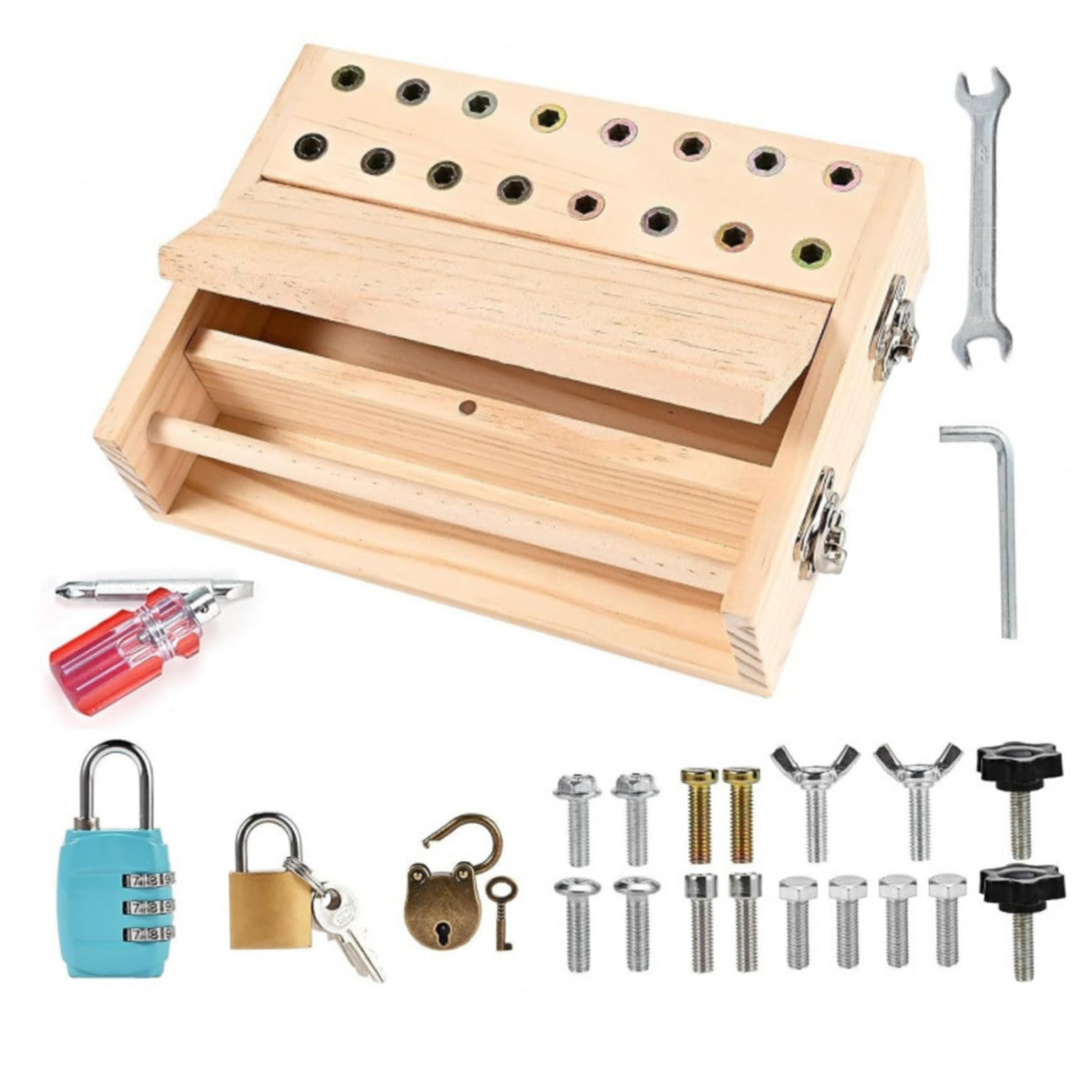 1 Tablero Ocupado, Destornillador de Madera, Juego de Tablero Ocupado Montessori con Cerradura y Llave, Juego de Herramientas para Preescolar Educativo para niños de 3 a 6 años