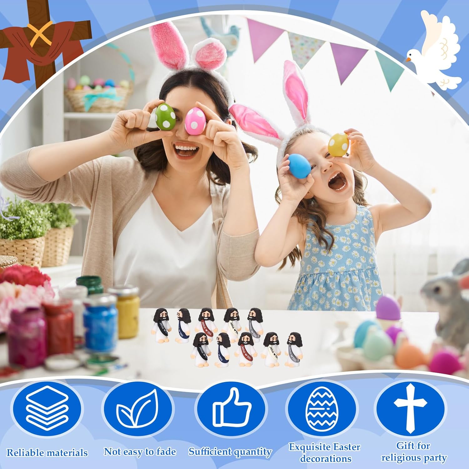 Bememo 50 Pcs Mini Jesus Figures Jesus Loves You Christ Toys Little Christ Figures to Hide and Seek Sunday School Religious Party Favors Gift(Retro Color)