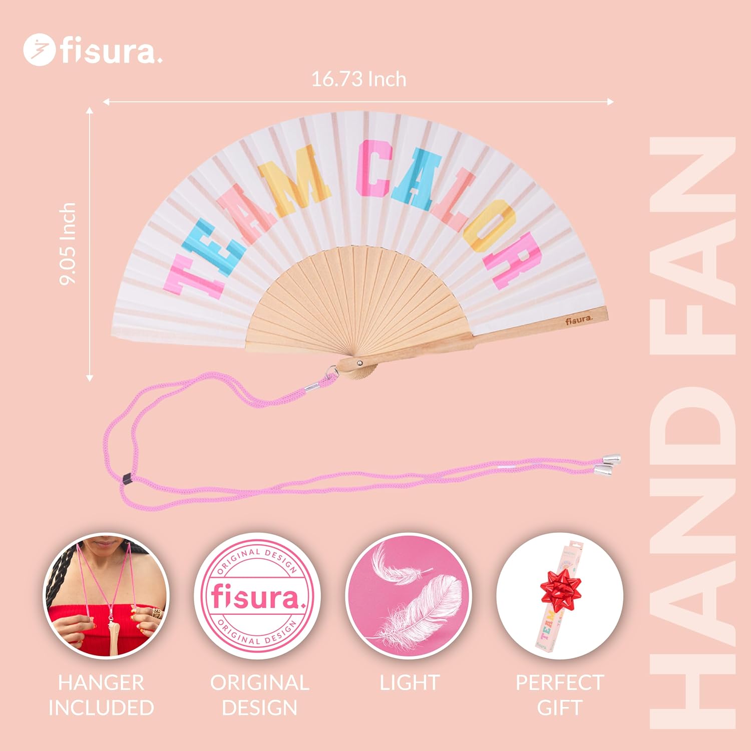 Fisura – Original Folding Fan with Message “team calor, Wooden hand fan folding for women,Beige Design with Hanger for wedding, rave, festival - Size: 16.73 x 9.06 in