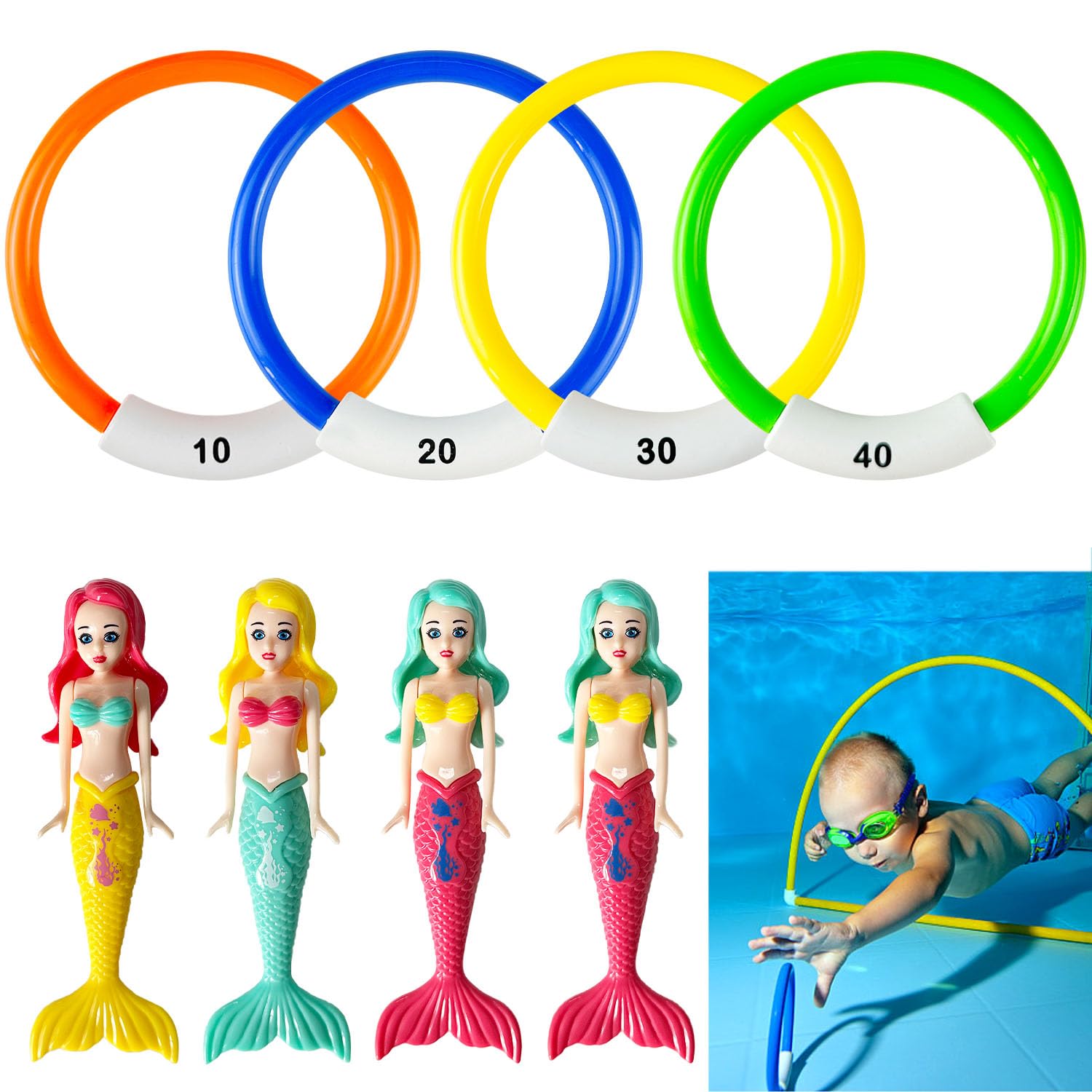 Lovesmile Juegos Piscina,8 Piezas Juguetes Piscina,Juegos de Agua, Sirenas Juguetes Niñas,Juegos de Agua Verano Piscina,Juguete Acuático para Piscina
