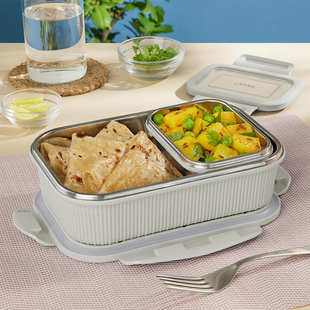 Larah by BOROSIL Freshbyte Stainless Steel Lunch Box | 800 ml + 200 ml Rectangle Container Set | Airtight, Dishwasher Safe Tiffin | Portable Kids Tiffin | 1 Year Warranty | Grey-image-17