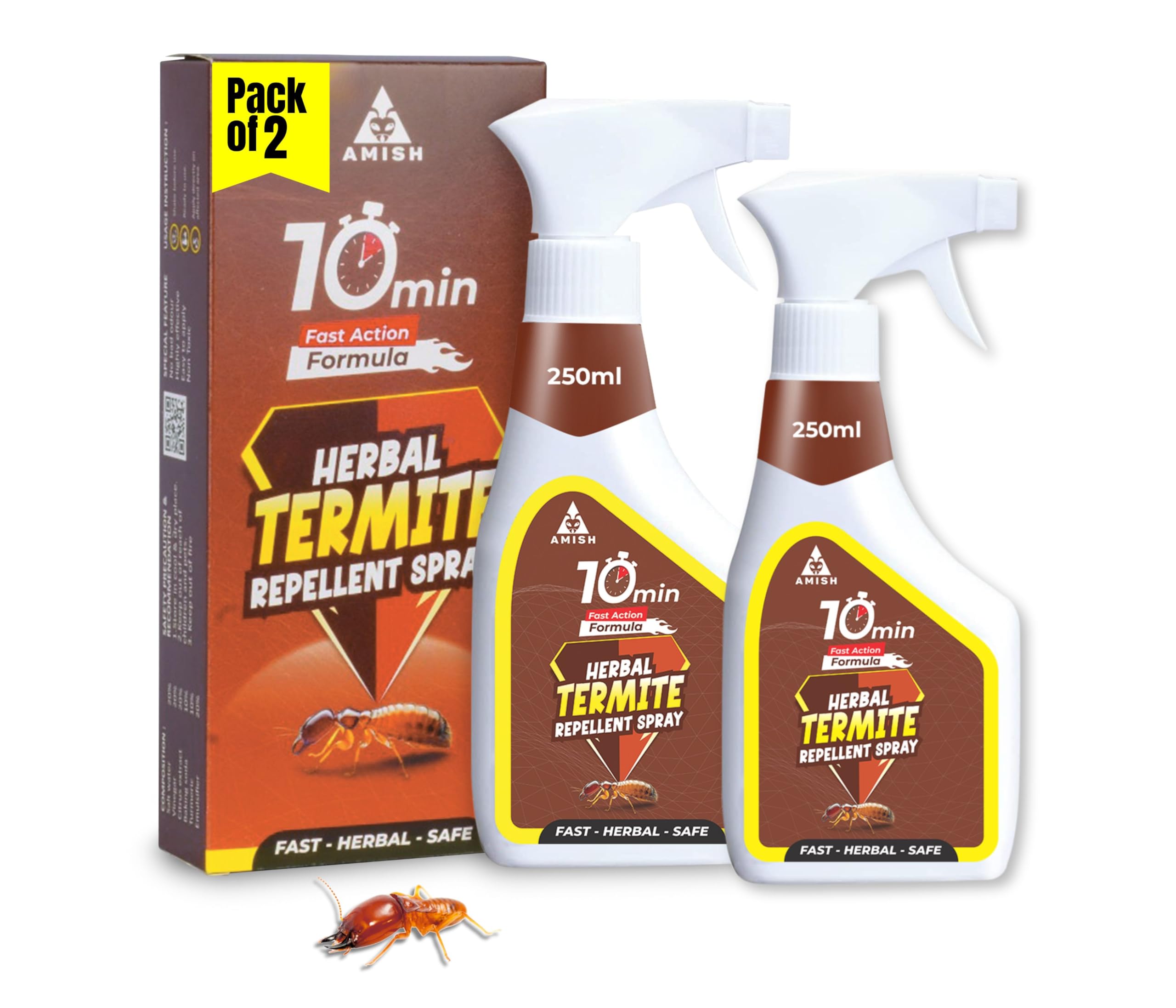 Amish Herbal Termite Spray 250 ml Pack Of 2 |10 Minutes Formula |Removes Entire Termite colony|Powerful 100% Organic No Chemical Termite Repellent Spray forControl Wood Protection Instant Action