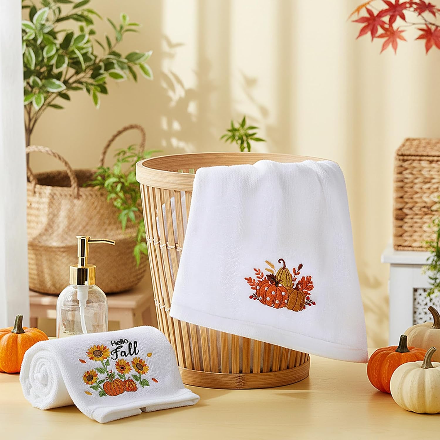 Tiamon 2 Pcs Fall Thanksgiving Hand Towels Happy Fall Cotton Pumpkin Embroidered Bathroom Kitchen Towels 13.8'' x 29.5'' with Ribbon Autumn Decor for Dish Tea Party Drying Cleaning Housewarming Gifts - Image 4
