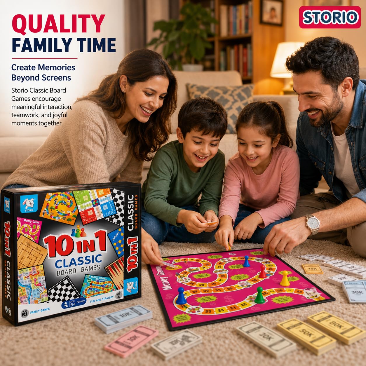 Storio 10-in-1 Classic Board Games for Kids 5+ Years | Chess, Ludo, Snakes & Ladders, Checkers, Backgammon & More | Family Board Game Set with Dice & Pawns | Educational Indoor Game for Boys & Girls — Amazon image 3