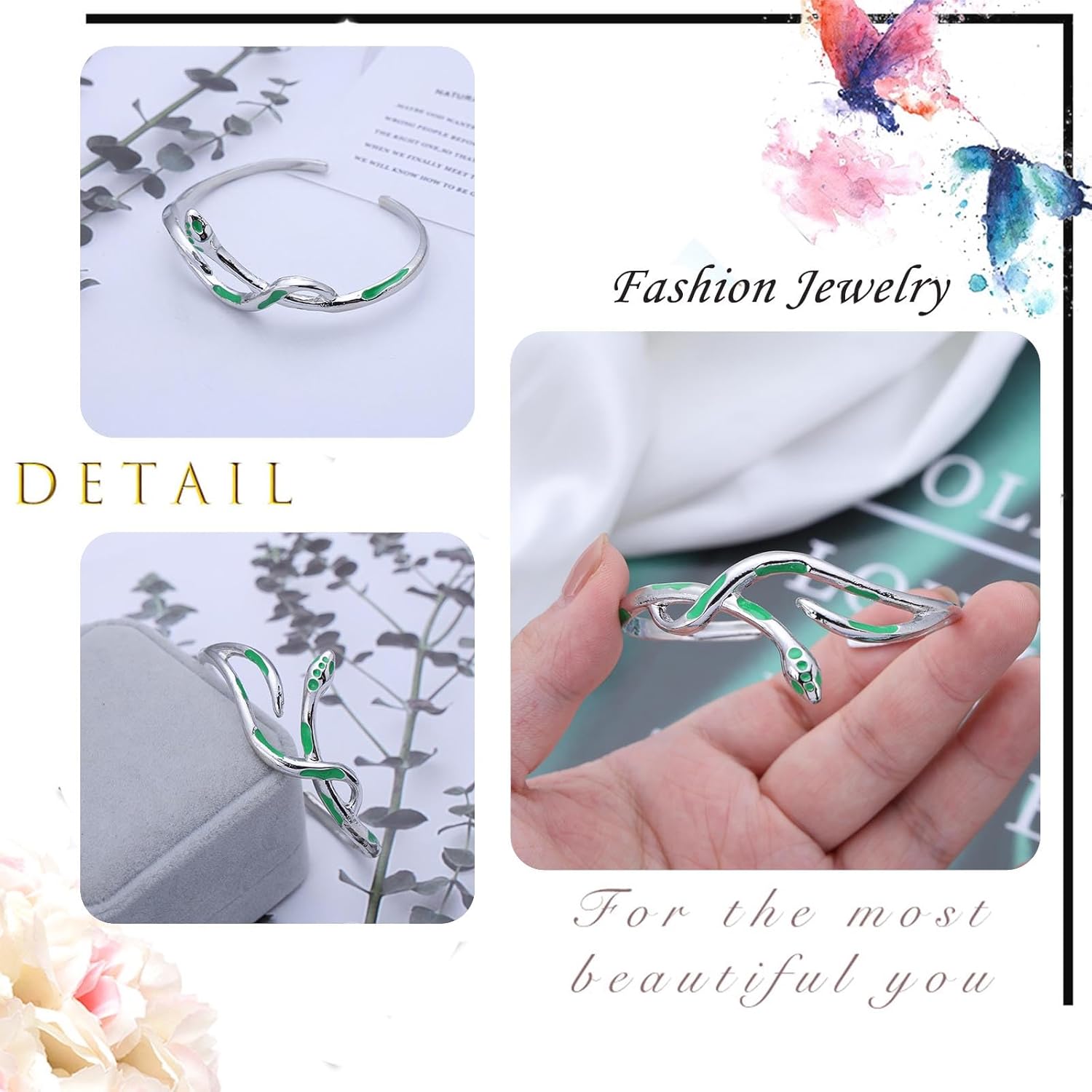 Green Crystal Snake Bracelet Open Snake Cuff Bangle Bracelet Adjustable Serpent Wrap Wirst Bracelet Silver Bendable Serpent Animal Cuff Bangle Hand Jewelry for Women - Image 4