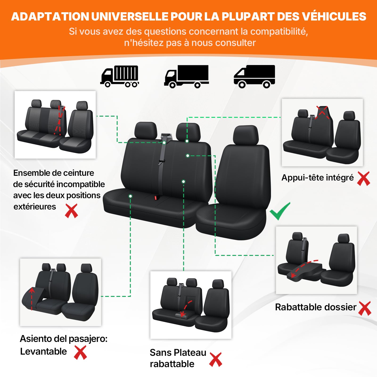 Housse de Sièges Universelles pour Camionnette Couverture de Siège de Camion, Ensemble De Housses 1+2 Faux Cuir pour Le siège Avant de conducteur de Van et Le siège Double de Passager Protection