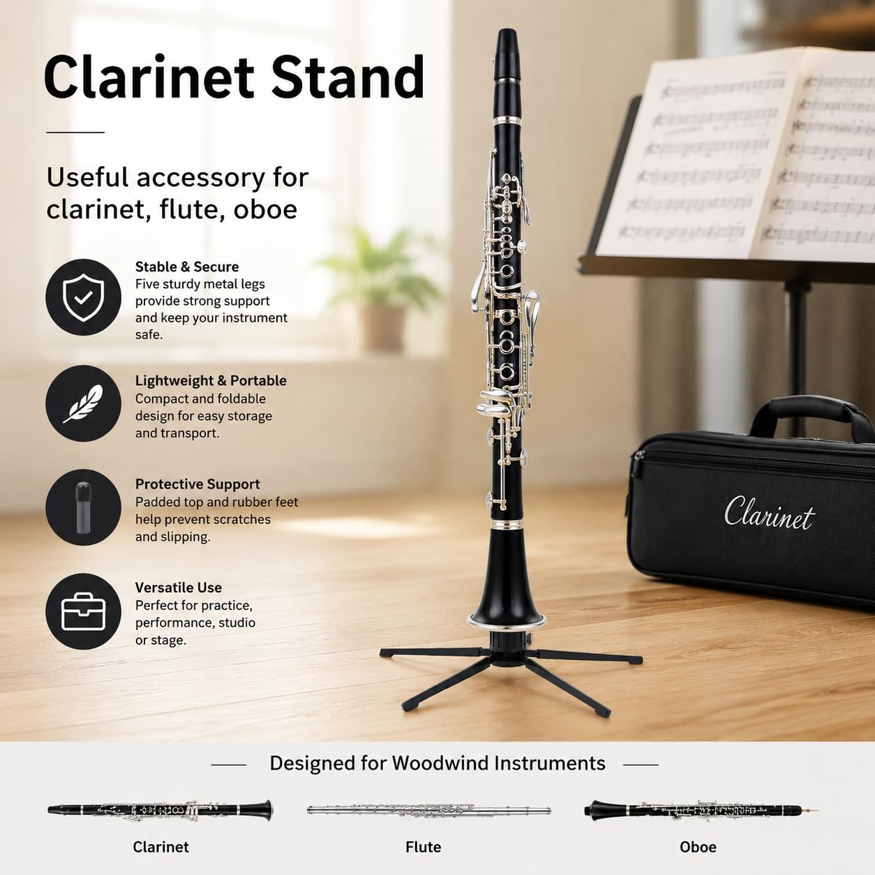 Support de flûte, métal Portable Pliable Accessoire d'instrument de flûte/hautbois/Clarinette Support 4 Pieds