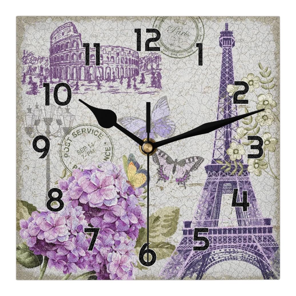 Tavisto Paris Eiffel Tower Square Wall Clock Decorative 12 Inch Large Purple Wall Clocks Decor for Living Room, Bedroom, Kitchen, Office
