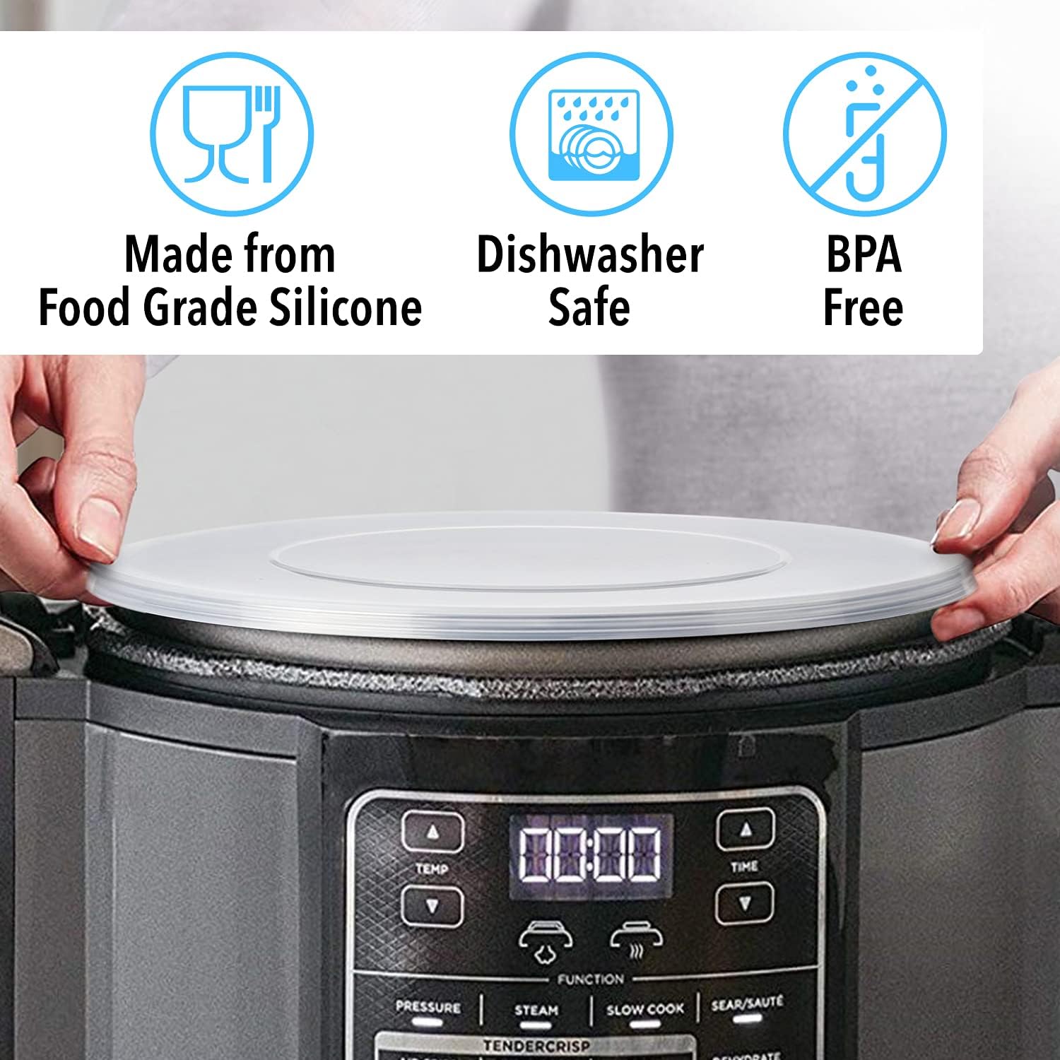 Icons indicating food grade silicone, dishwasher safe, and BPA free
