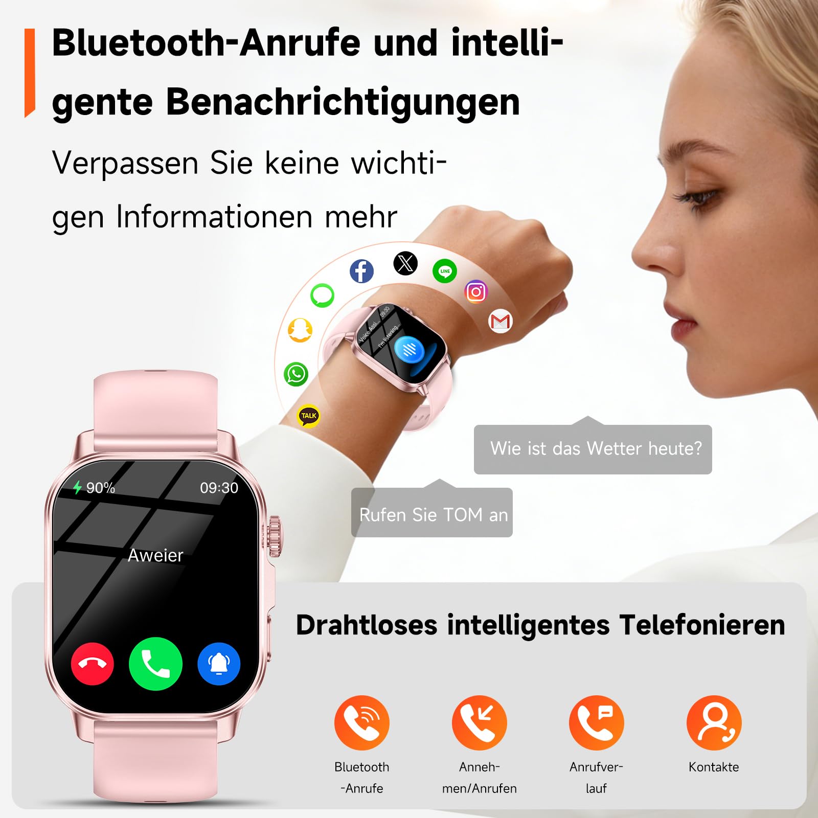 Smartwatch Damen mit EKG+HRV/Blutdruck/Schlaf/Emotion/Stimmung/LED-Licht | 2,0"Gesundheitsuhr mit Pulsuhr Harnsäure Körpertemperatur SpO2 Menstruationszyklus BMI, SOS-Notruf Fitnessuhr für iOS/Android