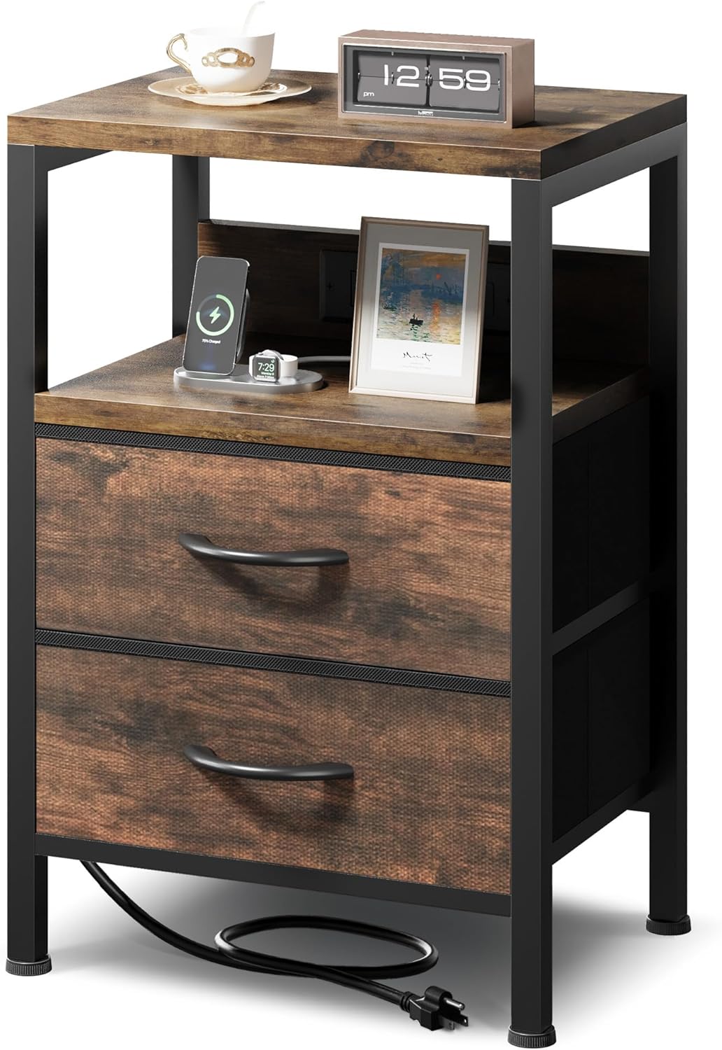 NightStand Bedside Charging Table Bedroom – Brown Night Stand with Charger Station, Modern Bed Side End Table with Open Shelf & 2 Fabric Drawers, USB-C USB Ports & AC Outlets for Dorm, Living Room