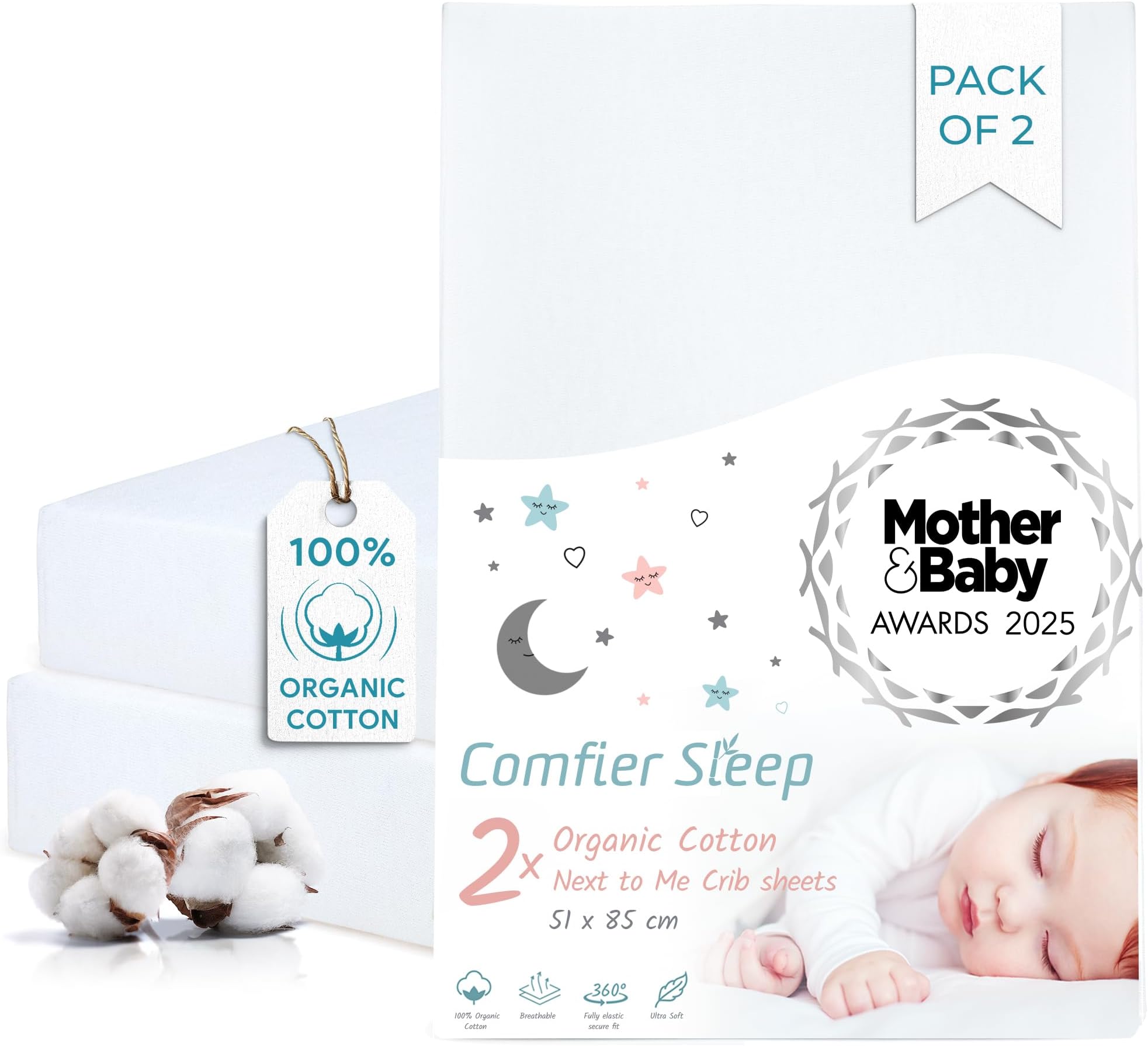 Next To Me Crib Sheets 51x85cm โ Award-Winning 2 Pack Organic Cotton White Bedside Crib Fitted Sheets โ Soft Breathable Tutti Bambini CoZee Fitted Sheets for Daily Use