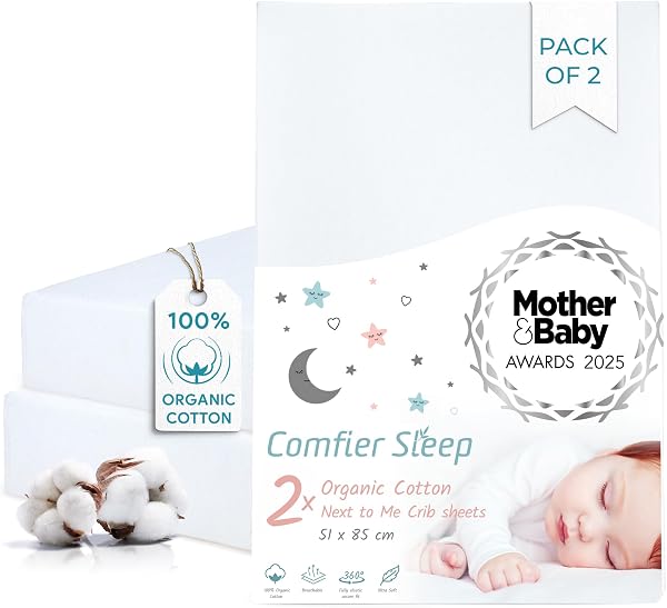 Next To Me Crib Sheets 51x85cm β Award-Winning 2 Pack Organic Cotton White Bedside Crib Fitted Sheets β Soft Breathable Tutti Bambini CoZee Fitted Sheets for Daily Use - 1