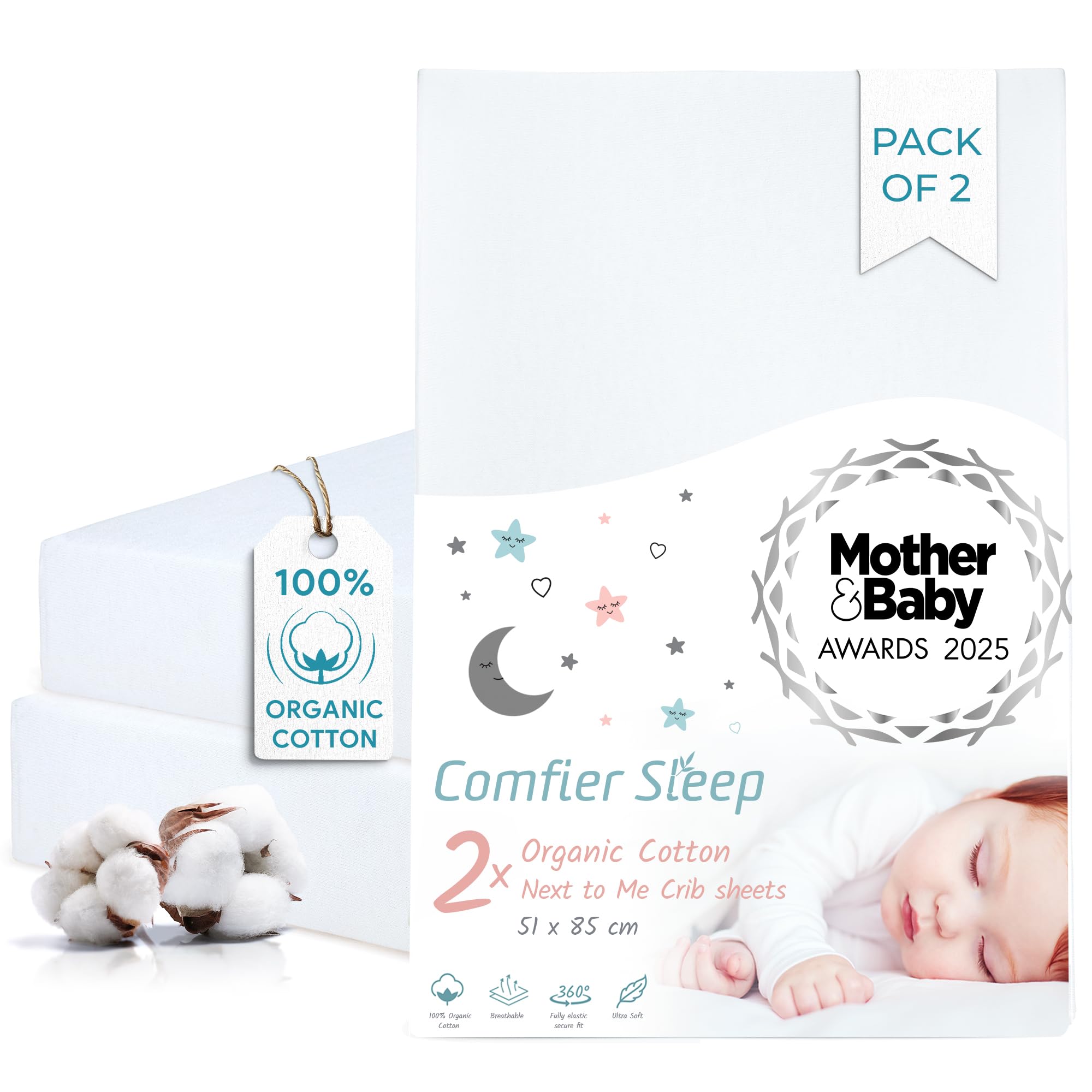 Comfier Sleep White Next To Me Crib Sheets 51X85cm - 2 Pcs - Award Winning 100% Organic