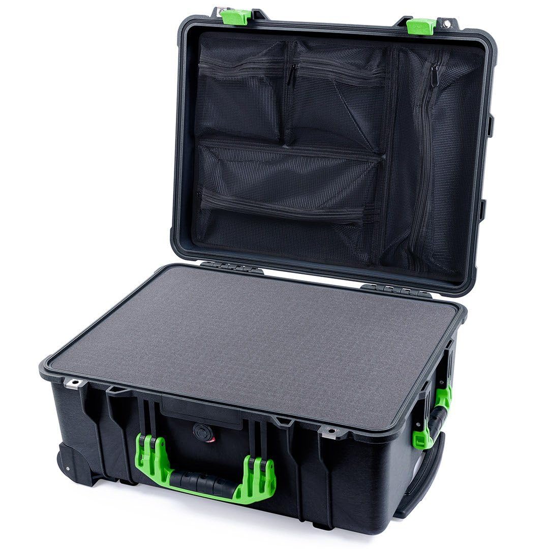 ColorCase Pelican Protector 1560 Case Black - Waterproof Case with Pick & Pluck Foam & Mesh Lid Organizer - Lime Green Handles & Latches