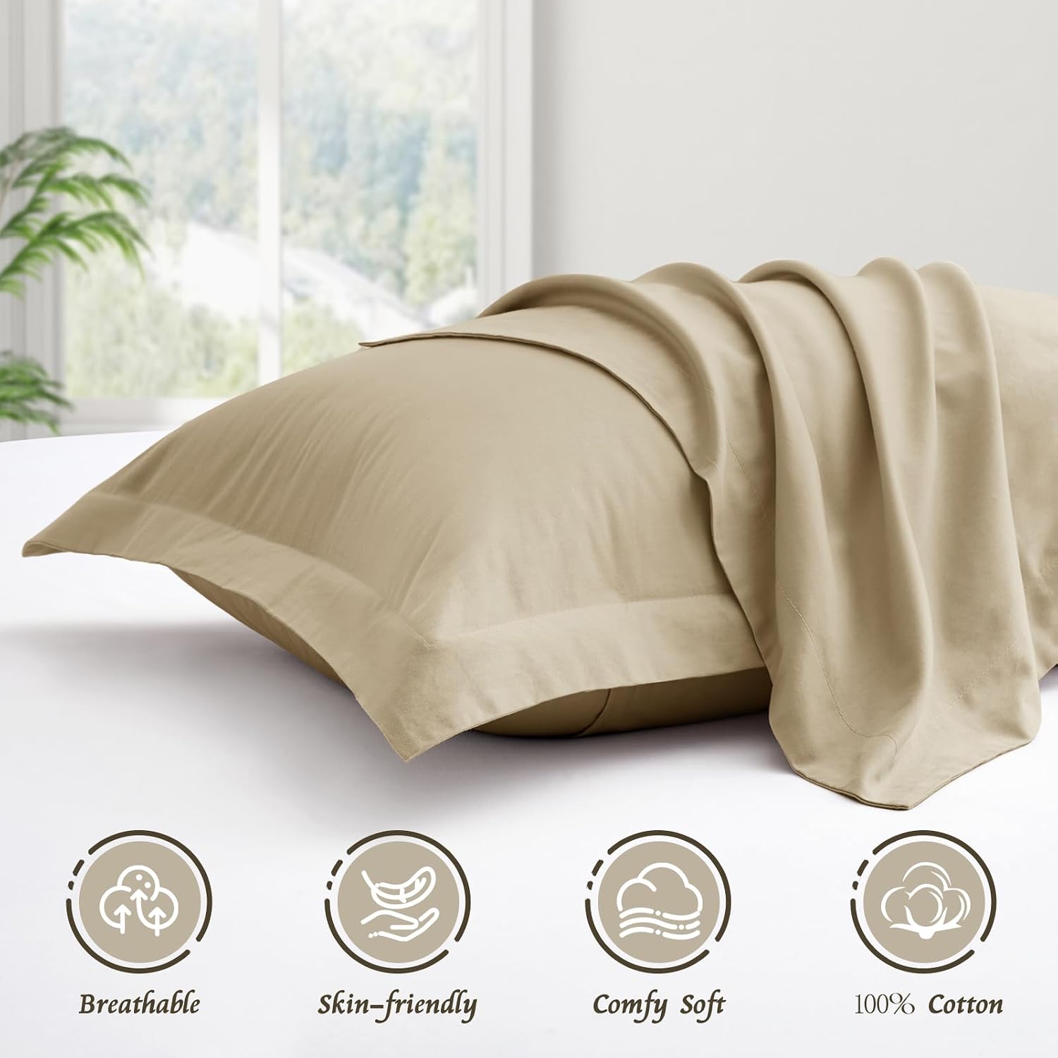 KKJIAF Khaki Pillow Cases Set of 2, Standard Size Cotton Pillowcases, Soft & Cozy Envelope Pillowcase 20" x 26", Wrinkle Resistant Pillow Covers for Bed