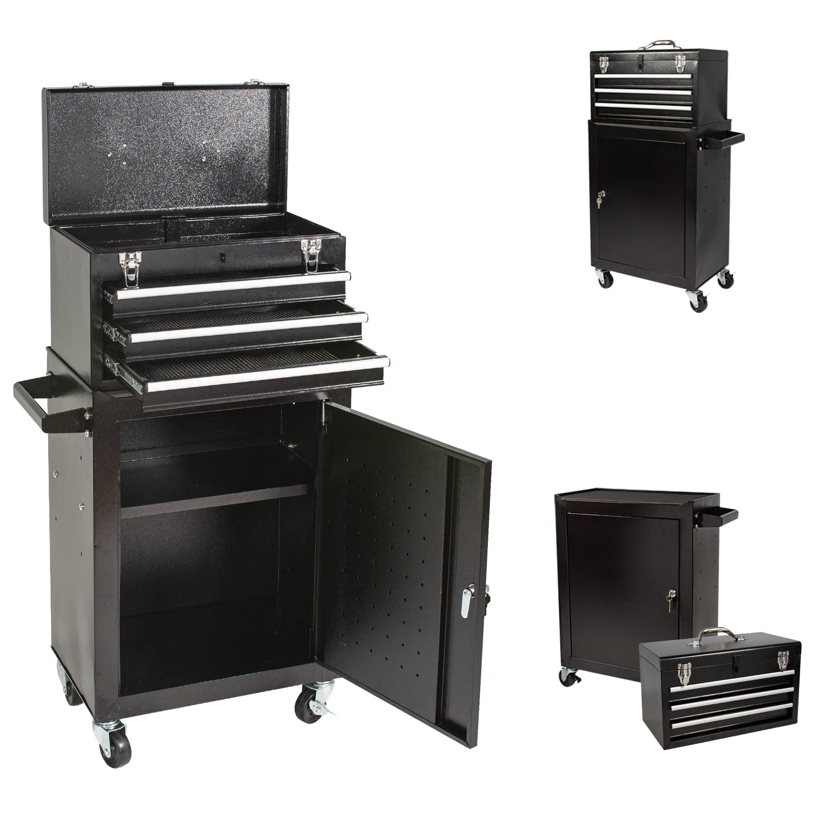 Tool Chest 3-Drawer Rolling Tool Box, High Capacity Tools Storage Tool Chest with Wheels and Lockable Drawers Tool Box on Wheels for Garage and Warehouse,Height 36 Inch Red Tool Boxes,Black