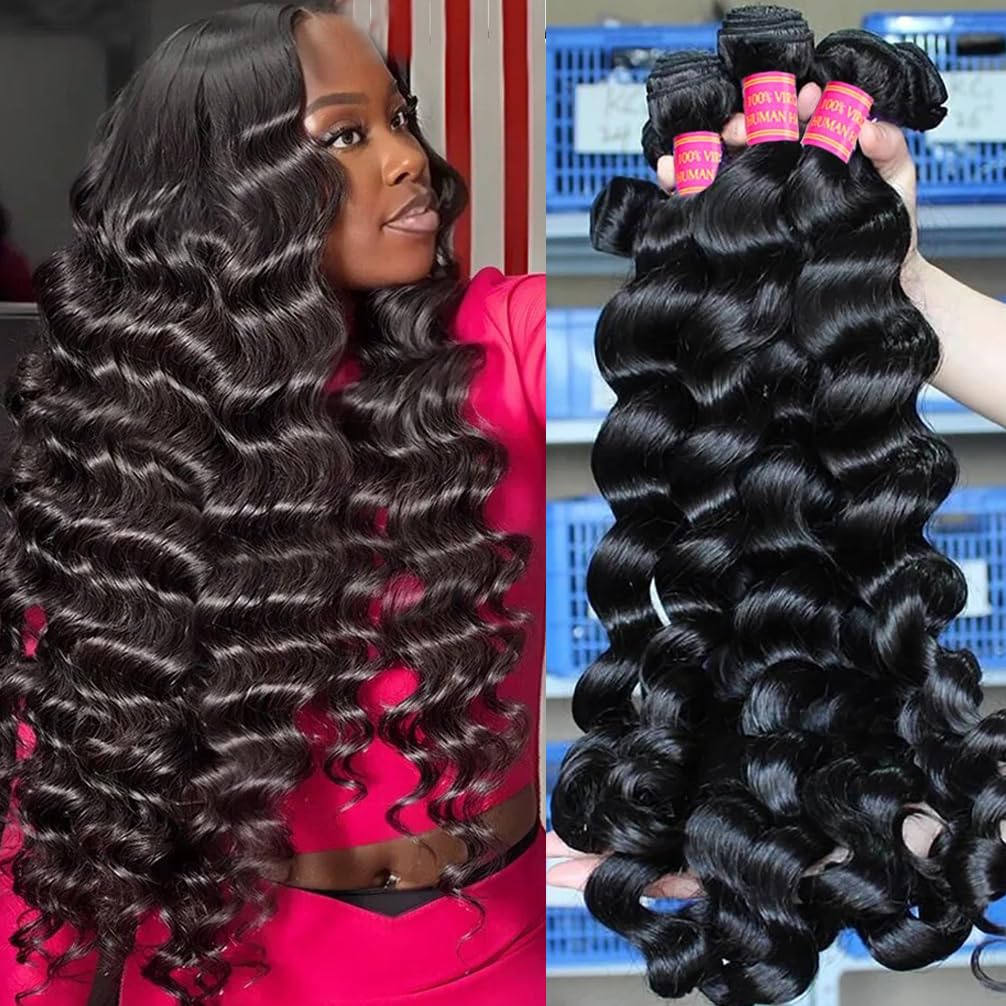 Loose Wave Bundles Human Hair 4 Bundles(24 26 28 30) 100% Unprocessed Brazilian Virgin Loose Wave Bundles Hair Extensions for Black Women Natural