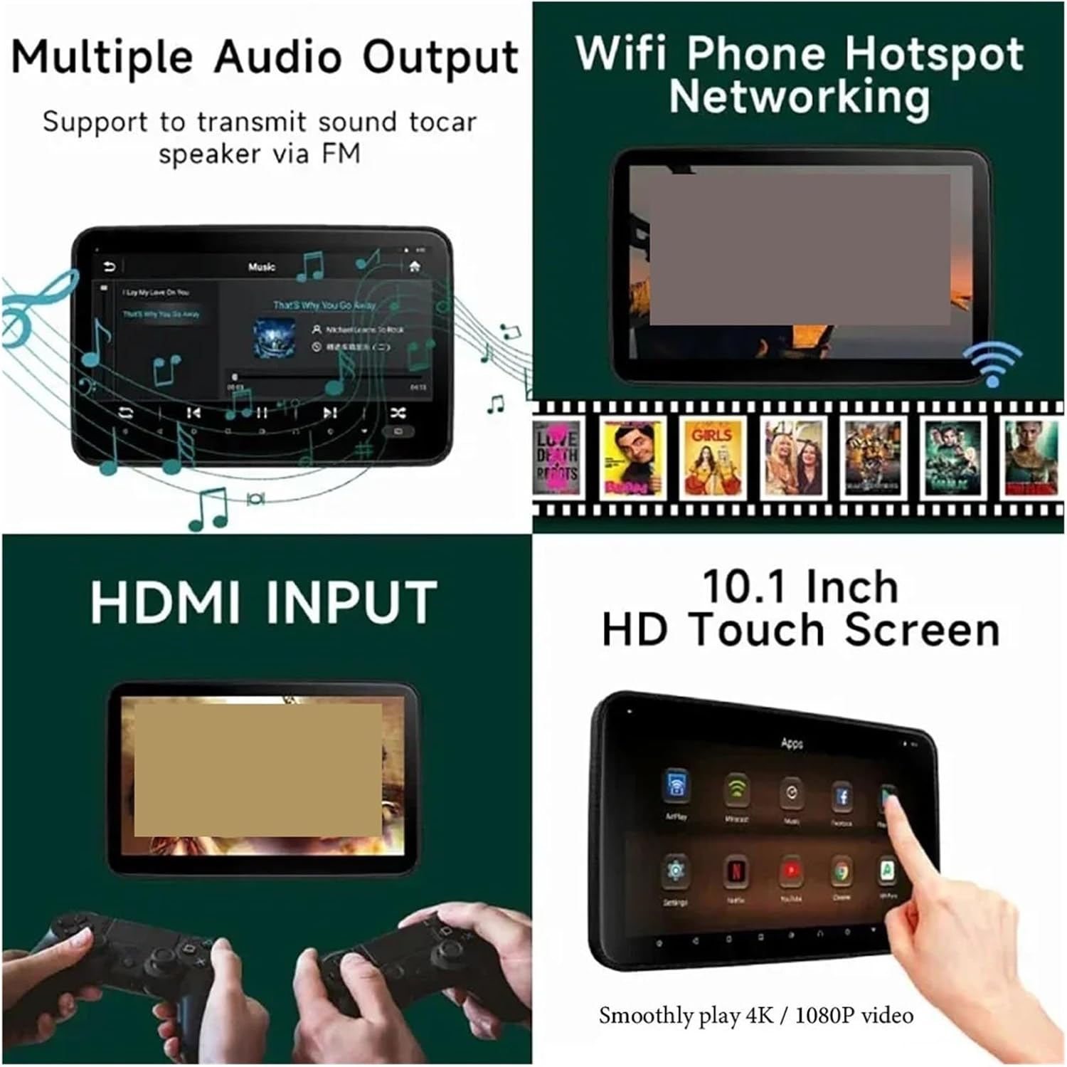 10.1'' 2G+32G Car Headrest Monitor IPS TV Display with RCA AV WiFi Mirroring Car Rear Seat Screen Video Player (10.1 Inch Mp5 2pcs) (10.1 Inch Mp5 1pcs)