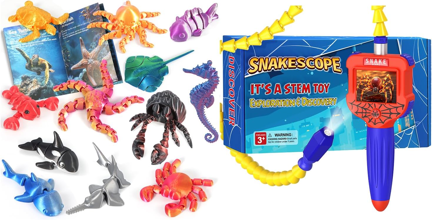 Borescope Snake Camera with Light 3D Printed Animal Toys, Desk Pets Sea Animal Toys with Educational Booklet for Kids